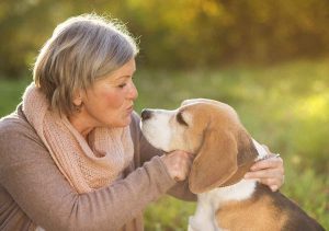 senior woman with pet beagle dog outside