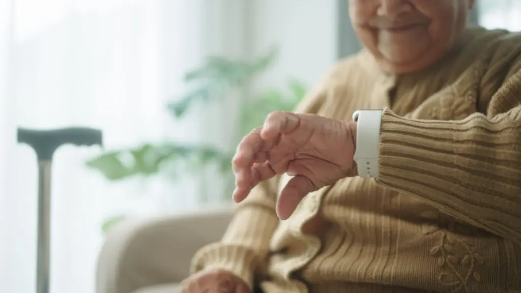 Asian senior woman using smartwatch medical alert devices.