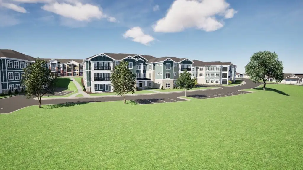A rendered panoramic view of the modern carriage houses and home featuring three floor levels at Rolling Green Village in Greenville, SC.