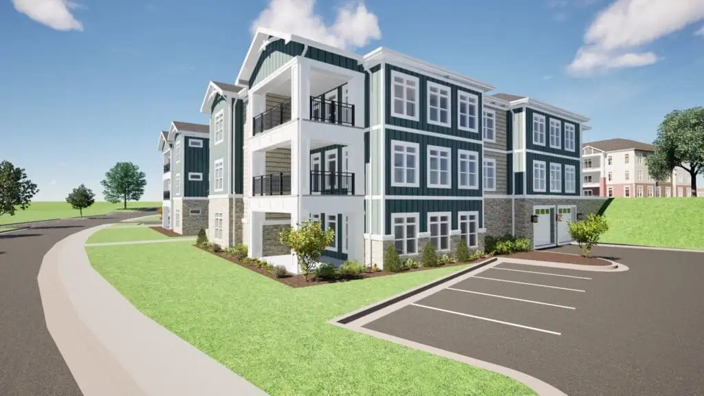 A rendered image of the modern carriage houses and homes available at Rolling Green Village in Greenville, SC.